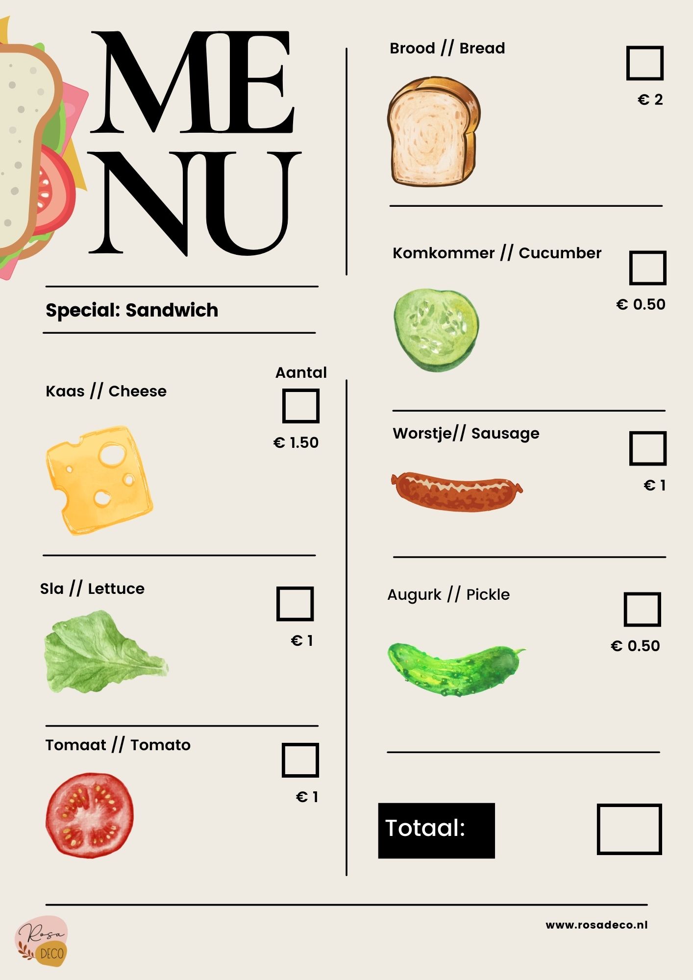 Menu kaart Sandwich